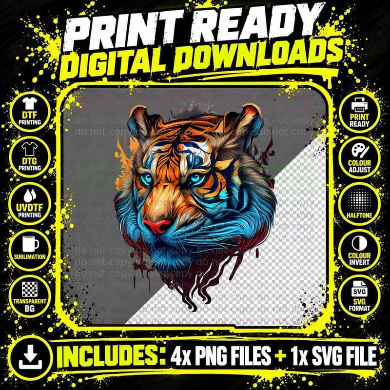 Amazing Neo-Traditional Tattoo Style Tiger Head Design Png SVG Digital Bundle