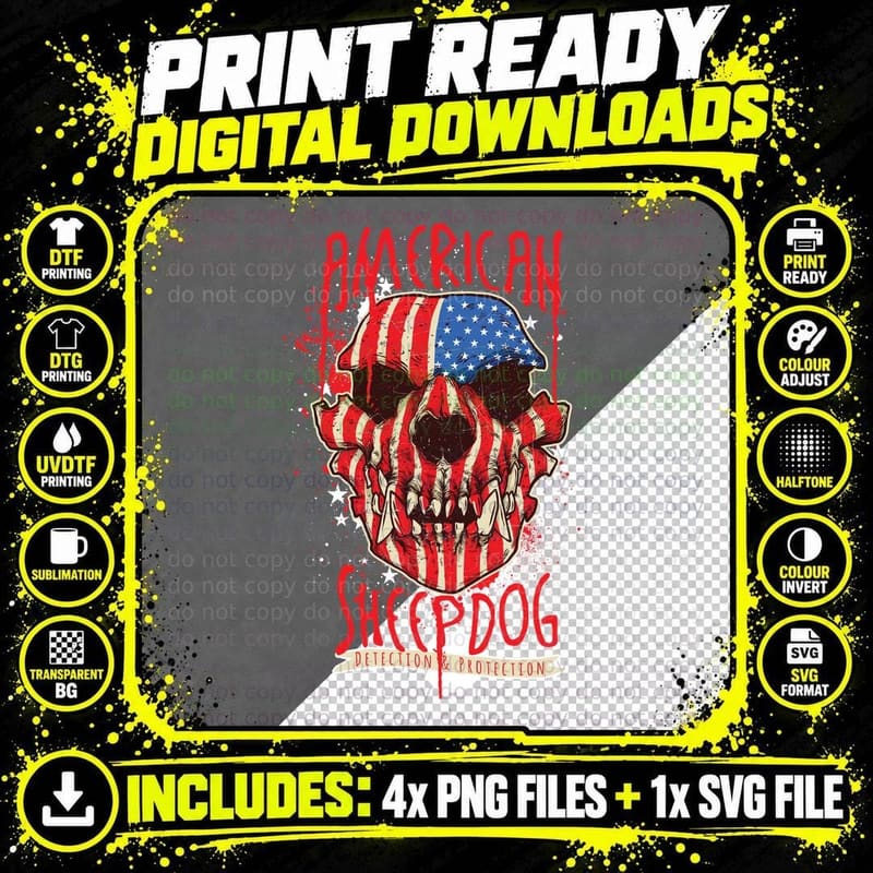 American Sheepdog Detection and Protection Skull Flag Png SVG Digital Bundle
