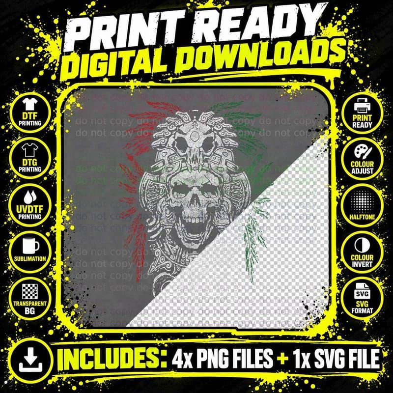 Ancient Aztec King Mexican Skull Mayas Mask Calavera Png SVG Digital Bundle