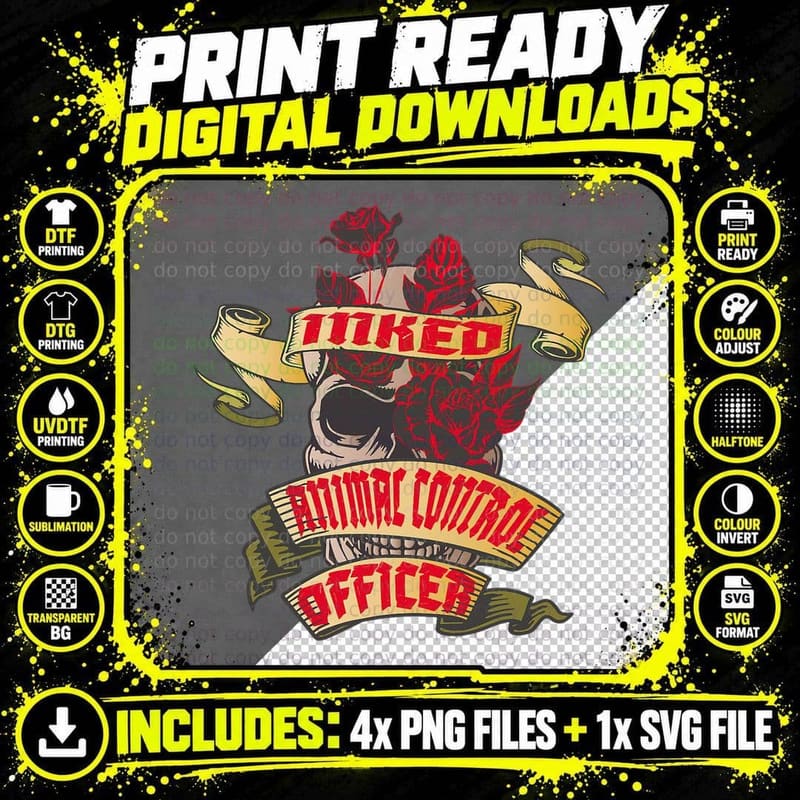 Animal Control Officer Inked Skull & Red Roses Tattoo Png SVG Digital Bundle