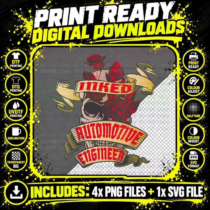 Automotive Engineer Inked Skull & Red Roses Tattoo Art Png SVG Digital Bundle