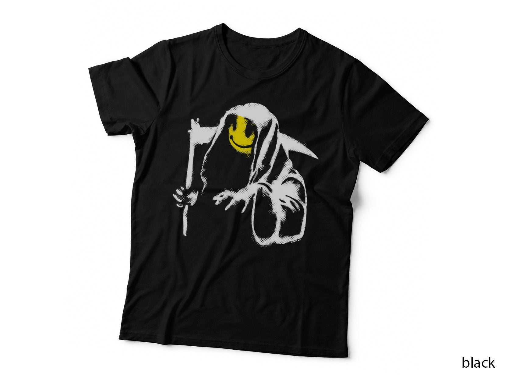 Banksy Graffiti Grim Reaper with Smiley Face Yellow and Black Background T-Shirt