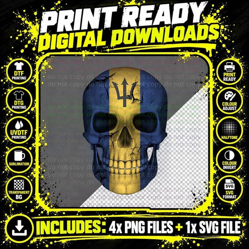 Barbados Bajan T-Shirt Skull Flag Trident Est 1966 Png SVG Digital Bundle