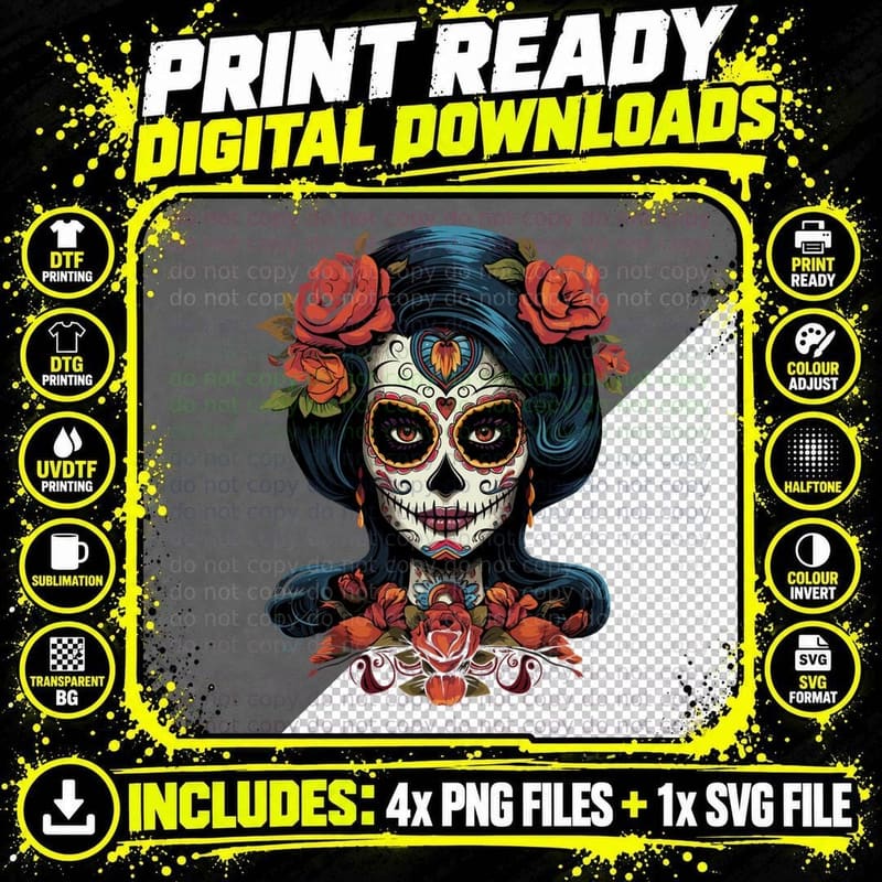 Beautiful La Catrina Mexican Sugar Skull Day of the Dead Png SVG Digital Bundle