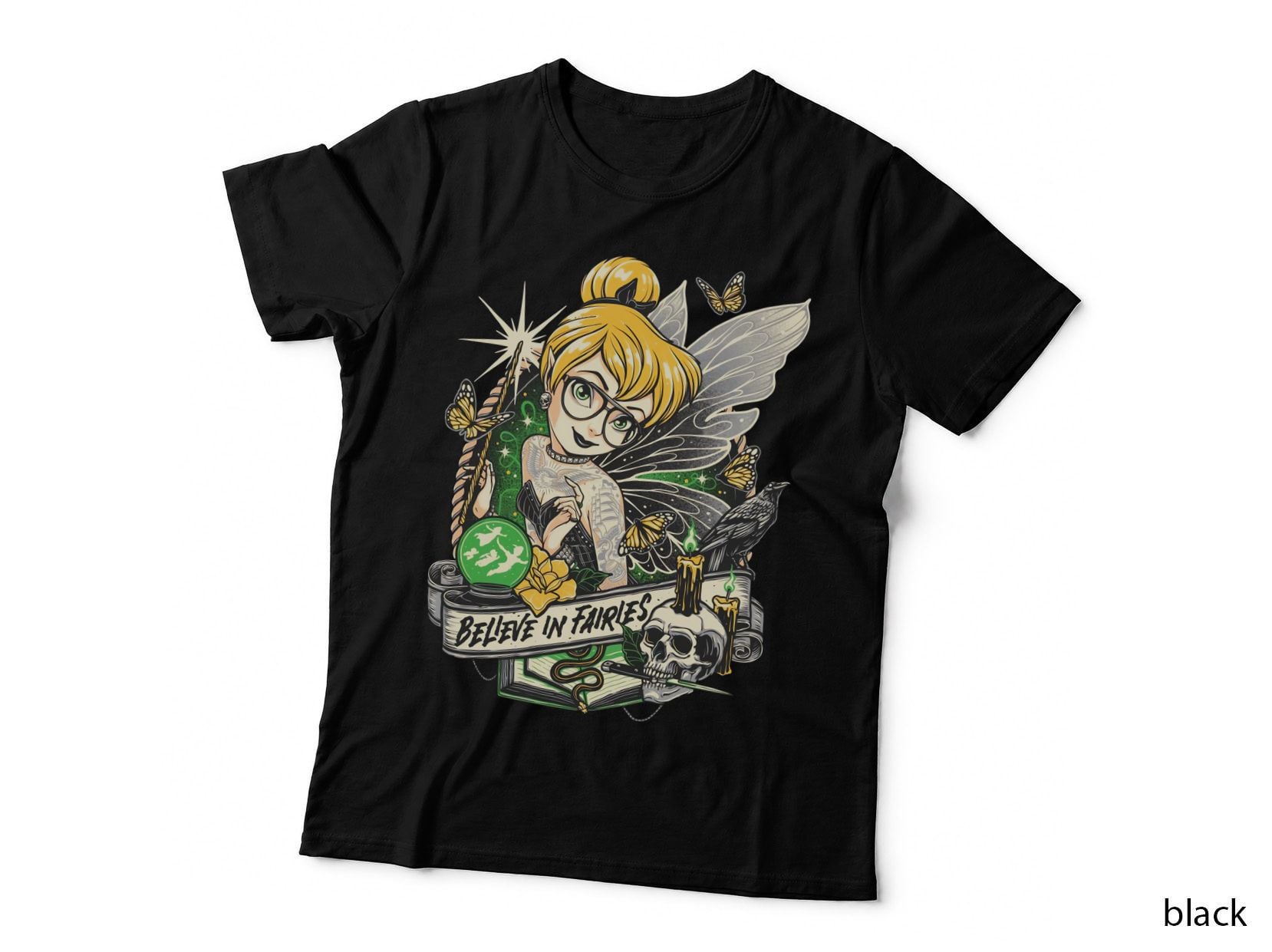 Believe in Fairies, Tinkerbell, Goth Rocker Tattoo Princess T-Shirt