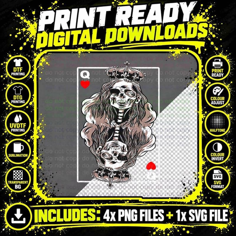 Black Jack Gambling Poker Skull Queen Heart T-Shirt Png SVG Digital Bundle