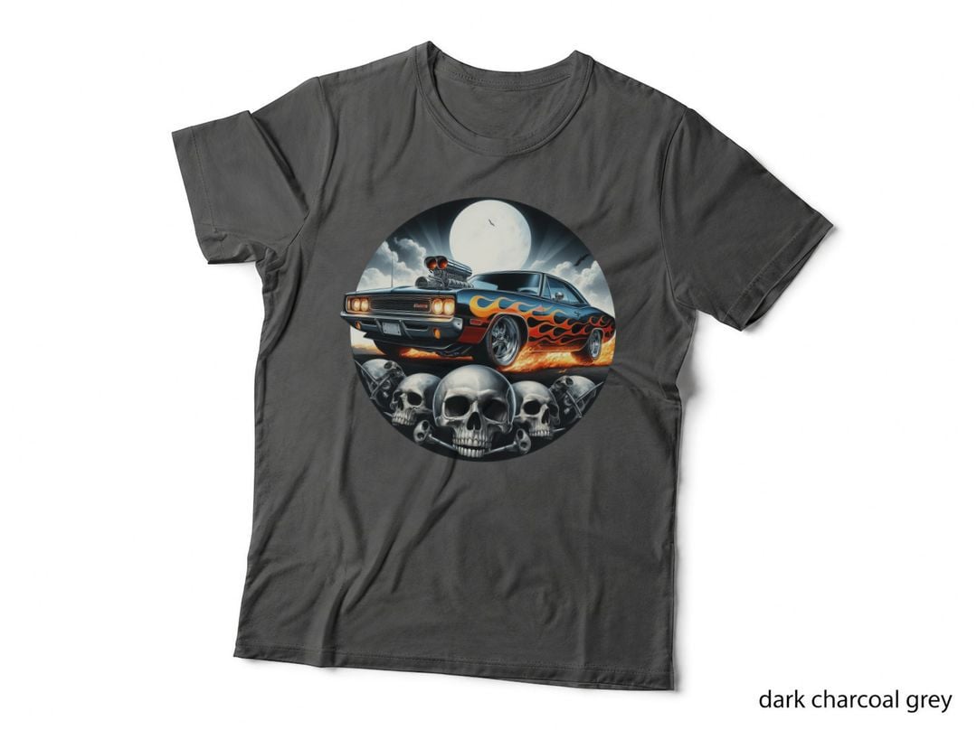 Black Sports Car Skull Gun Weapons Flaming Dark T-Shirt