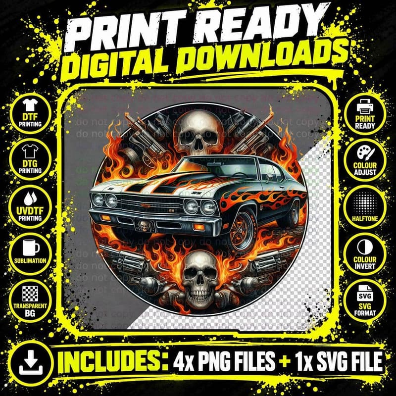 Black Sports Car Skull Guns Weapons Flaming Dark T-Shirt Png SVG Digital Bundle
