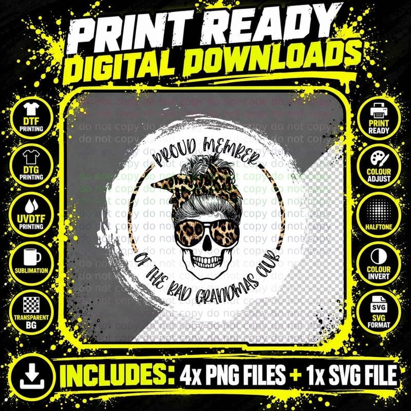 Bleached Leopard Skull Proud Member of the Bad Grandmas Png SVG Digital Bundle