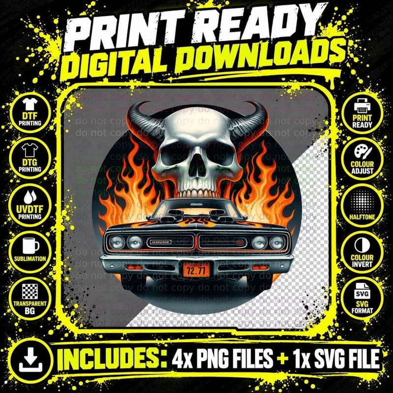 Blue Sports Car Demon Skull Flaming Dark Muscle T-Shirt Png SVG Digital Bundle