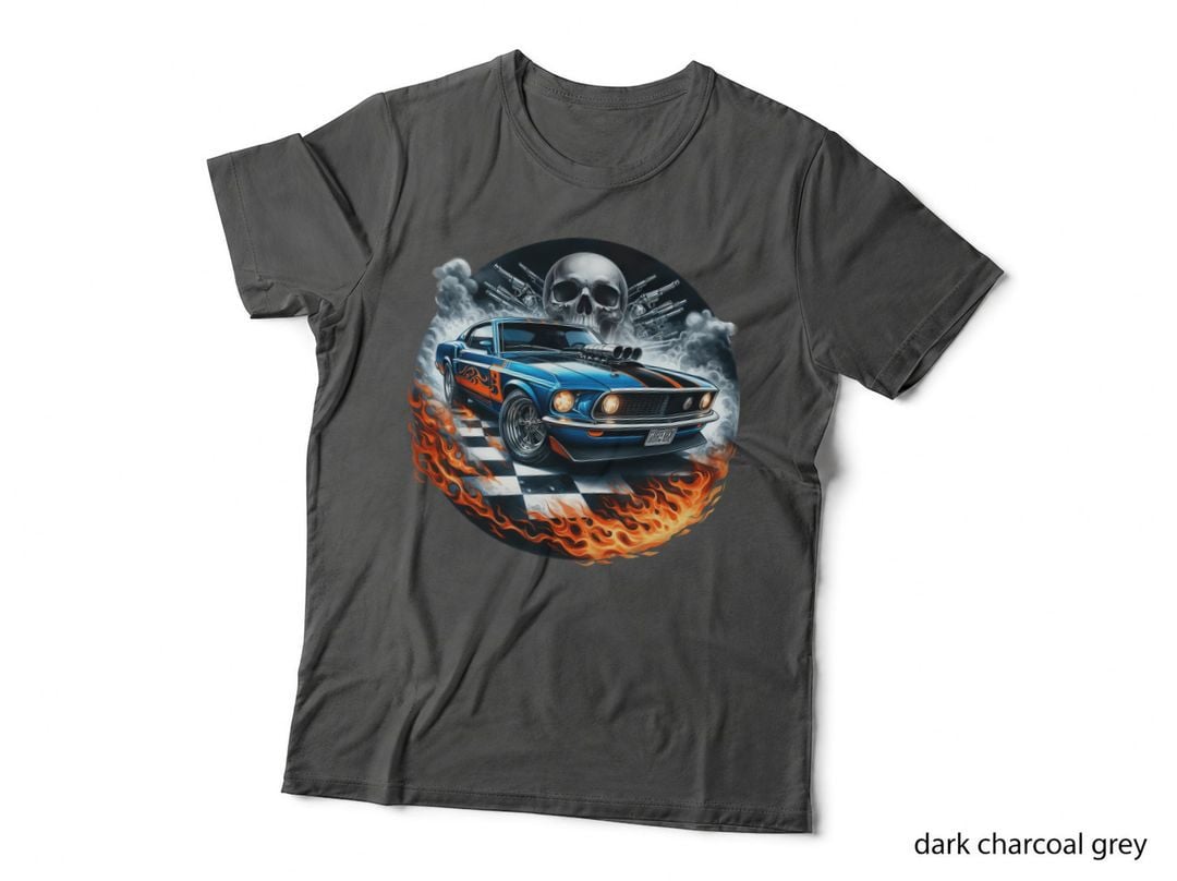 Blue Sports Car Skull Guns Dark Flaming Muscle T-Shirt