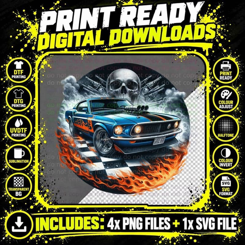 Blue Sports Car Skull Guns Dark Flaming Muscle T-Shirt Png SVG Digital Bundle