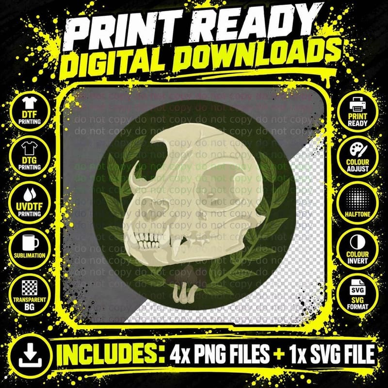 Bobcat Skull with Mushrooms and Ferns T-Shirt Png SVG Digital Bundle