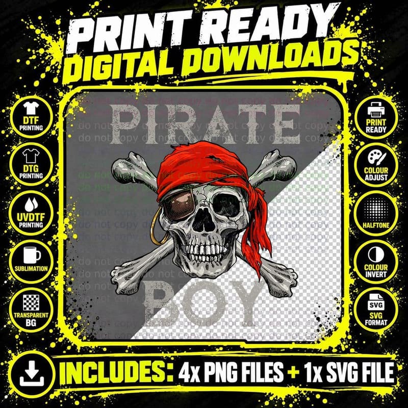 Boys Pirate Skull Crossbones T-Shirt, Costume Party Png SVG Digital Bundle