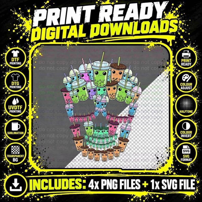 Bubble Tea Skull Shirt Men Boba Tea Gift Women Bubble Png SVG Digital Bundle