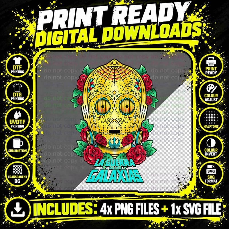 C-3PO Sugar Skull Style Portrait T-Shirt Png SVG Digital Bundle