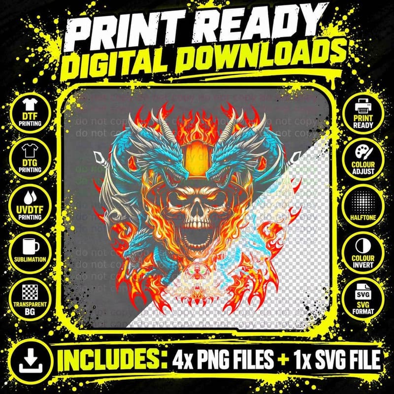Calavera Dragones T-Shirt, Mexican Skull Print Png SVG Digital Bundle