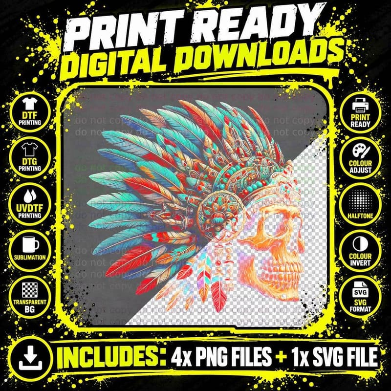 Calavera Penacho T-Shirt, Sugar Skull Print Png SVG Digital Bundle
