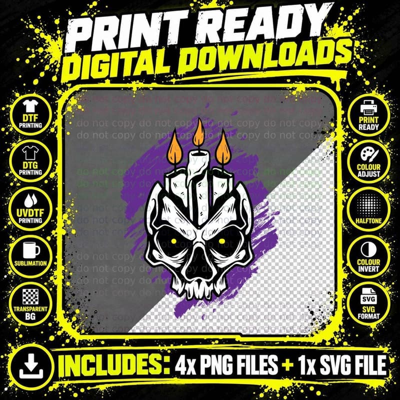 Candle Skull Ritual Three Purple Yellow Eyes Occult Png SVG Digital Bundle