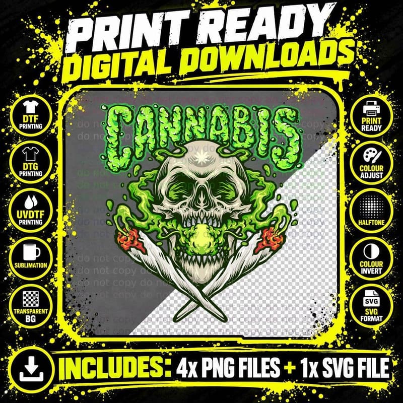 Cannabis Skull Joints Pale with Leaves and Crossed Above Png SVG Digital Bundle