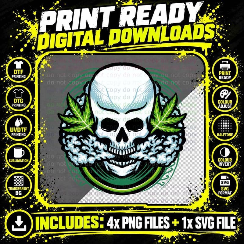 Cannabis Skull Marijuana Green Hemp Cloud T-Shirt Png SVG Digital Bundle