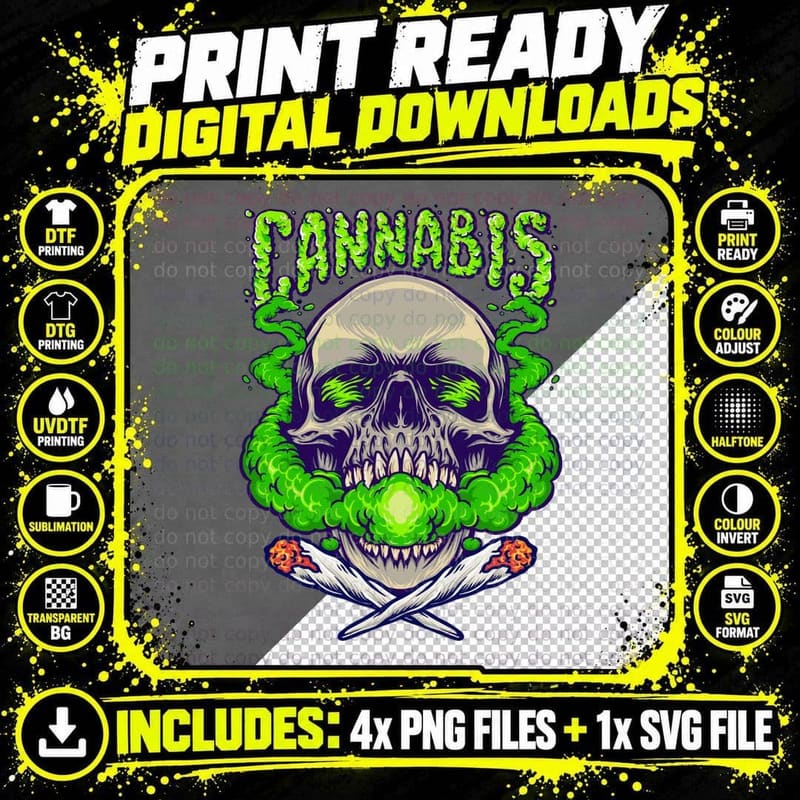 Cannabis Skull Pale with Leaves and Dark Socket Eyes Png SVG Digital Bundle