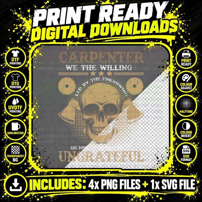 Carpenter Skull T-Shirt, Gothic Skull Design Png SVG Digital Bundle