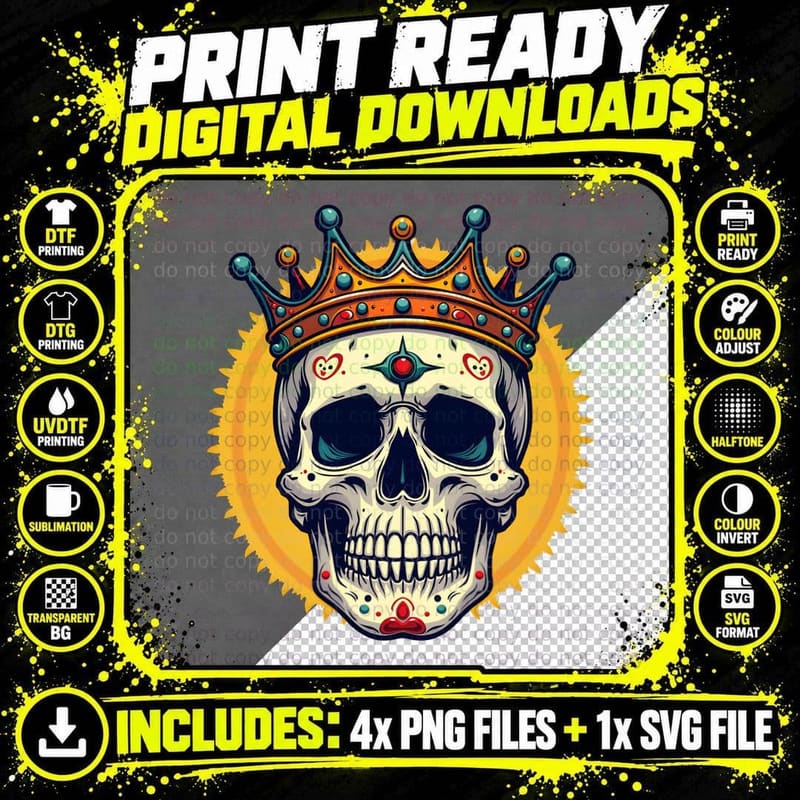 Cartoon Skull Crown Sunburst T-Shirt Png SVG Digital Bundle