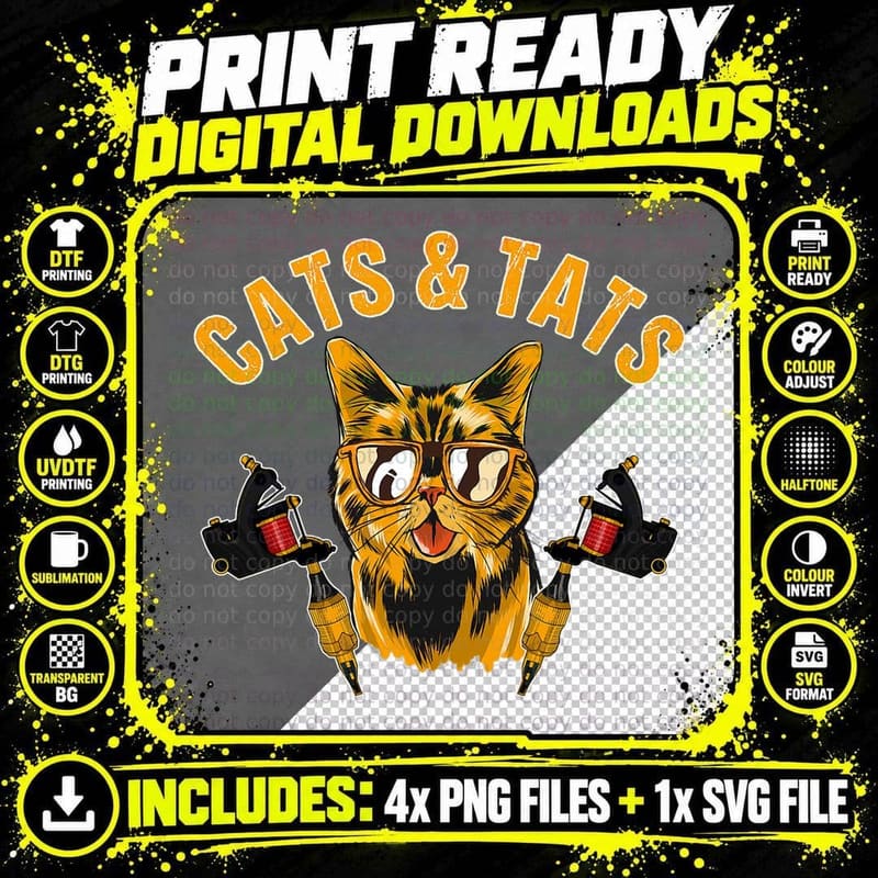 Cats and Tats Tattooist Ink Pen Tattoo Lover Kitten Png SVG Digital Bundle