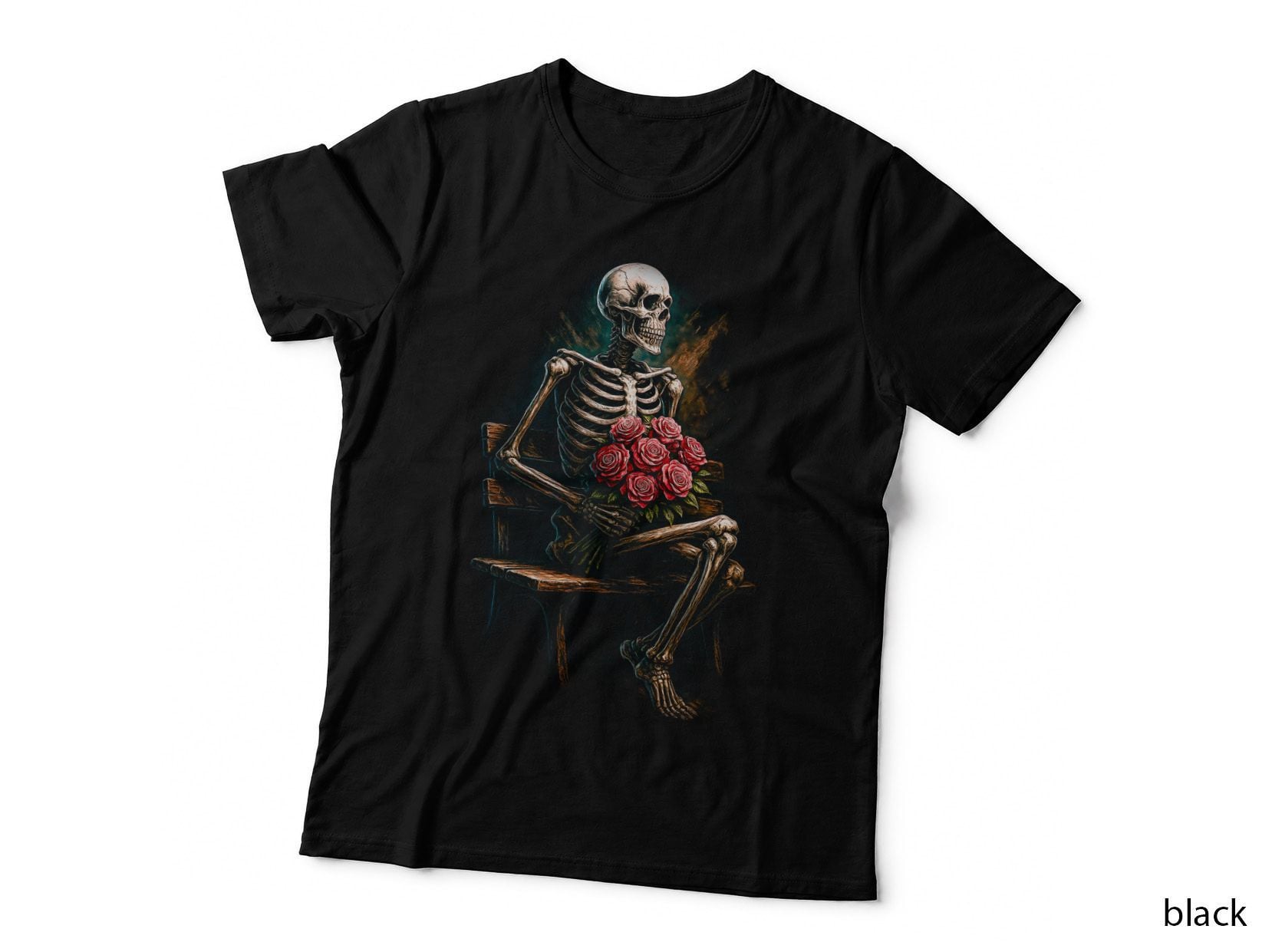 Chair Rose Bouquet Skull T-Shirt, Halftone Gothic Skull Graphic Tee