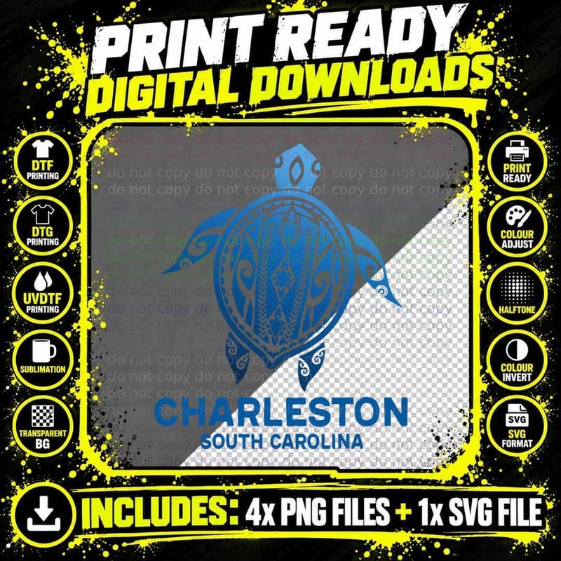 Charleston South Carolin Tattoo Blue Sea Turtle Png SVG Digital Bundle