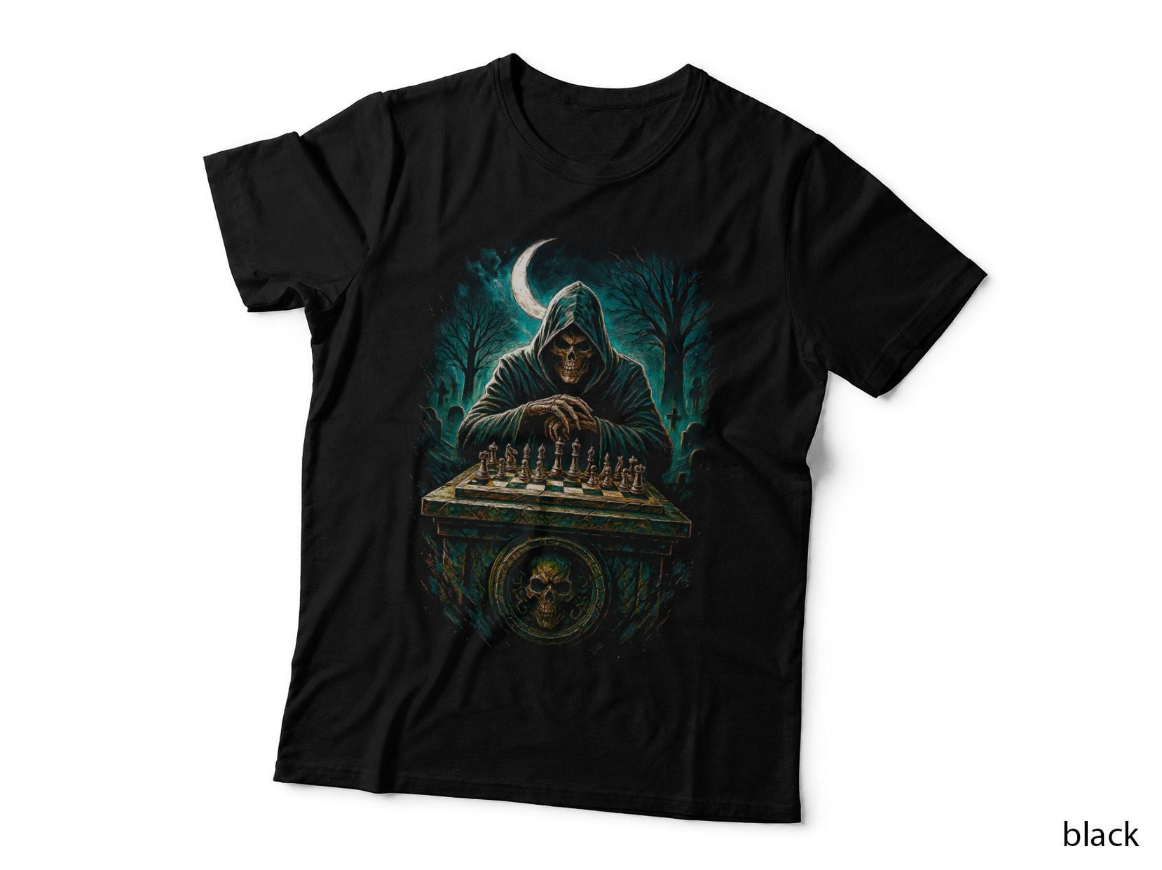 Chess Playing Reaper T-Shirt, Halftone Gothic Skull Graphic Tee