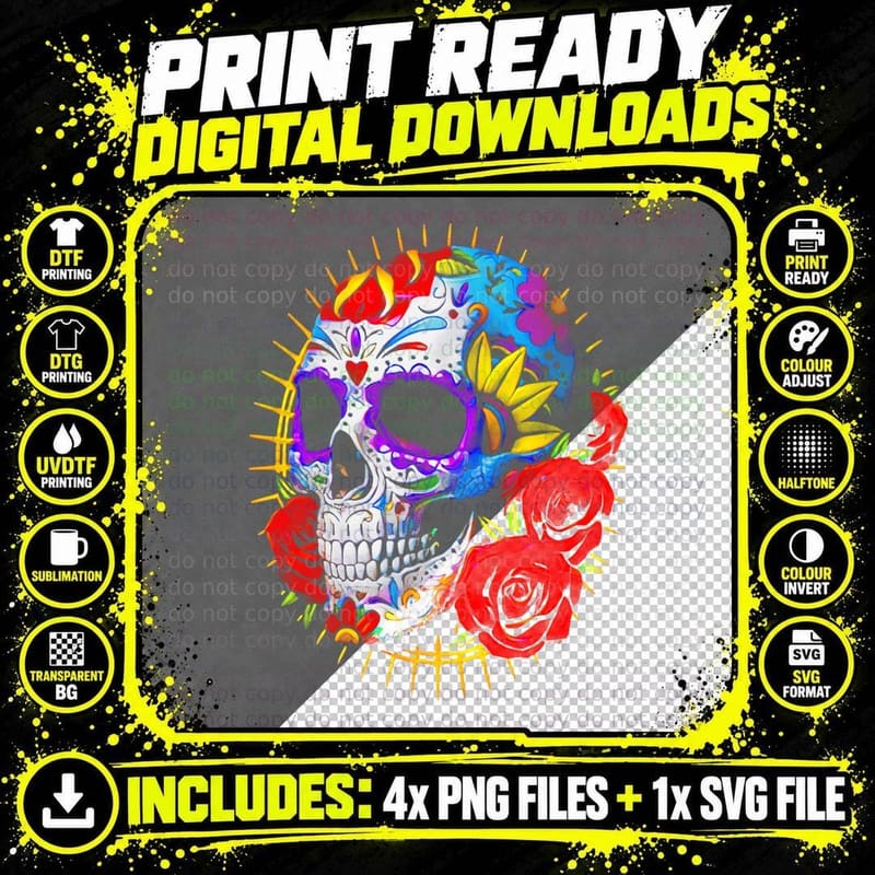 Colorful Mexican Day of Dead Skull Flowers Vibrant Png SVG Digital Bundle