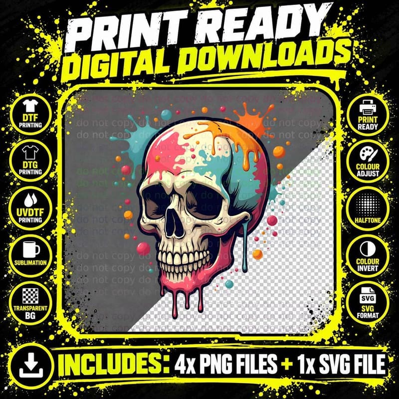 Colorful Splatter Skull Art, Dripping Paint Graphic Png SVG Digital Bundle
