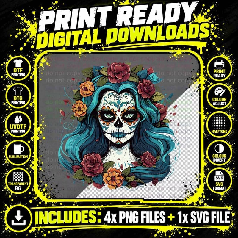 Colorful Sugar Skull Day of the Dead Woman T-Shirt Png SVG Digital Bundle