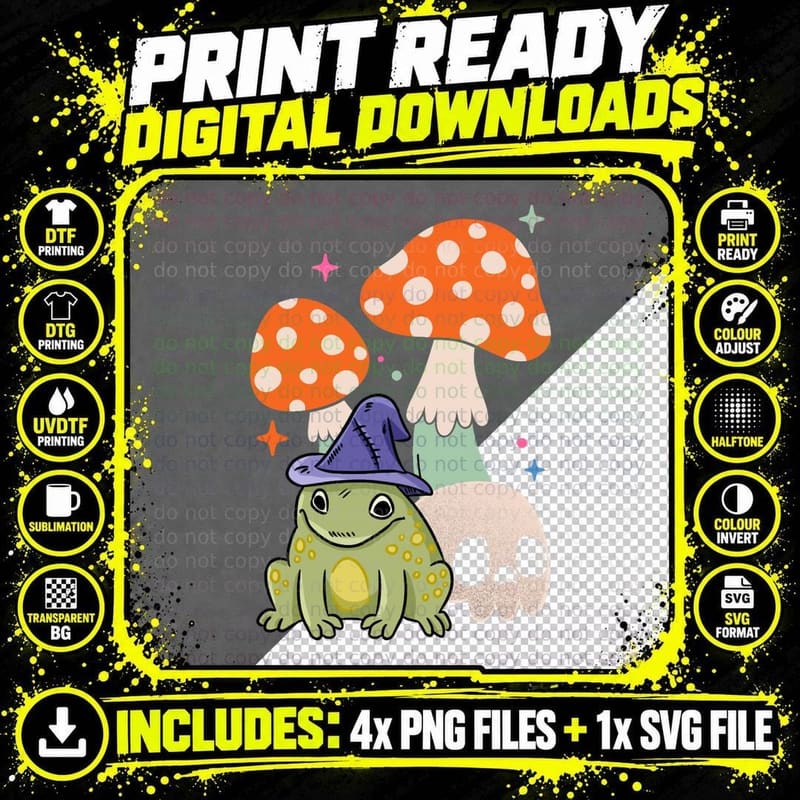 Cottagecore Frog Wizard Frog with Mushroom and Skull - Png SVG Digital Bundle