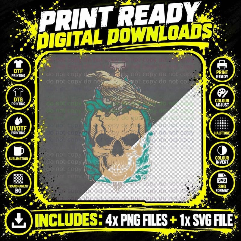 Cracked Skulls with Crow T-Shirt, Gothic Art Png SVG Digital Bundle