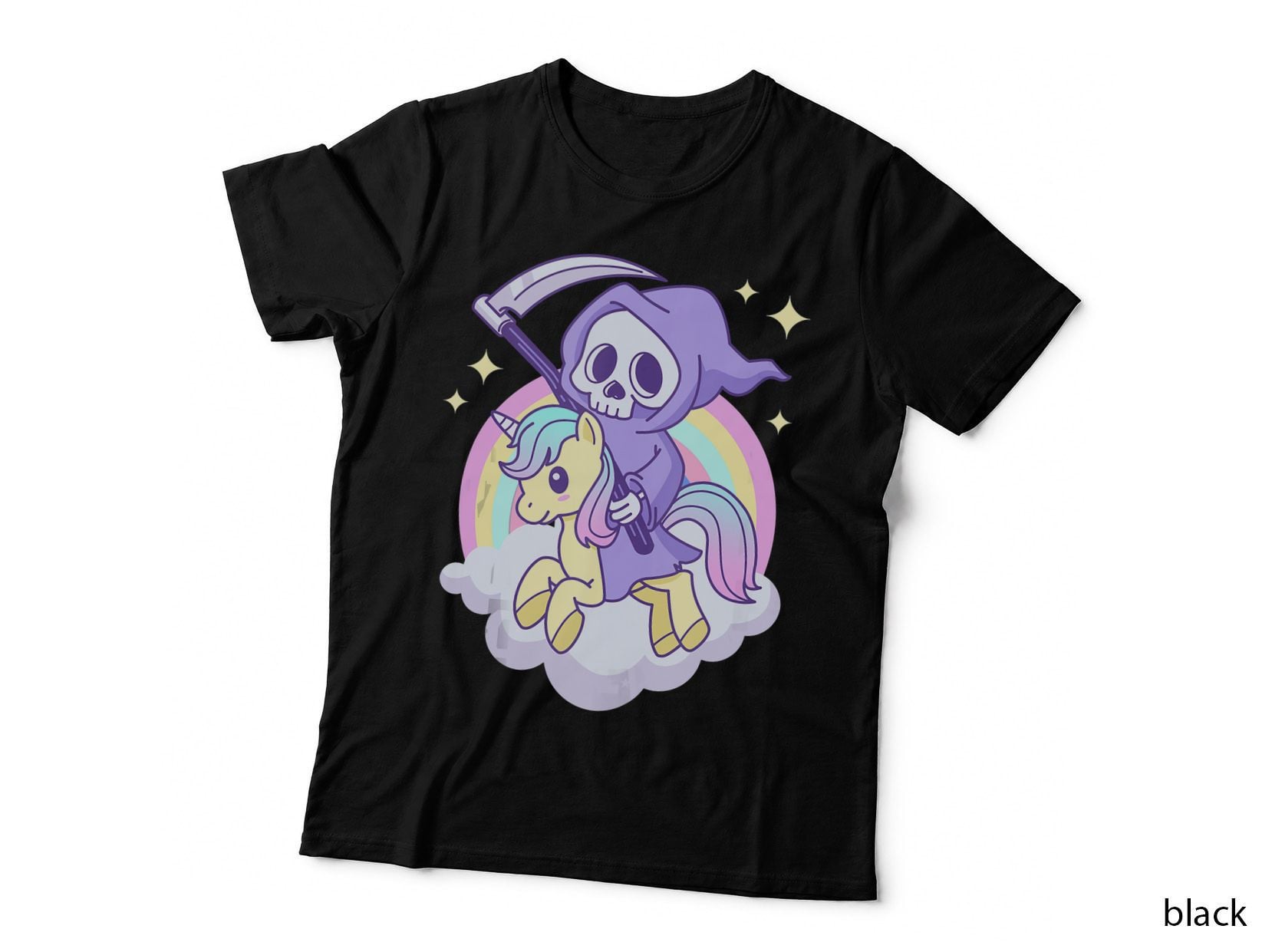 Cute Pastel Goth Grim Reaper on a Unicorn with Rainbow T-Shirt