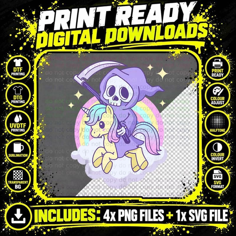 Cute Pastel Goth Grim Reaper on a Unicorn with Rainbow Png SVG Digital Bundle