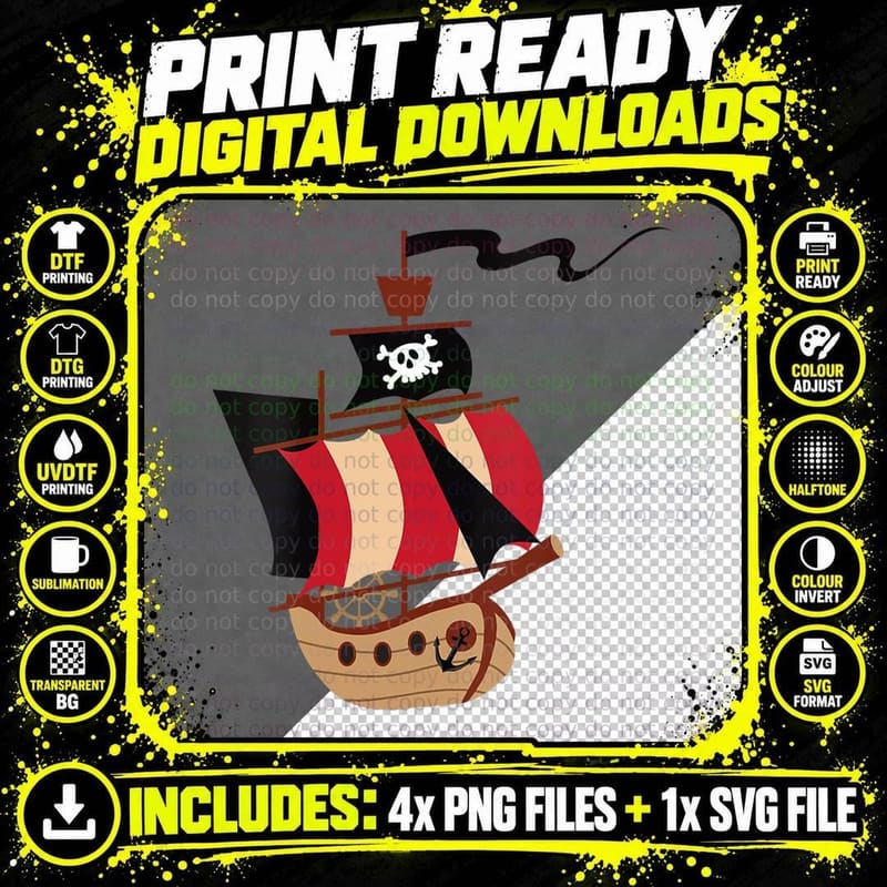 Cute Pirate Ship Cartoon Sailing Boat Skull Captain Flag Png SVG Digital Bundle
