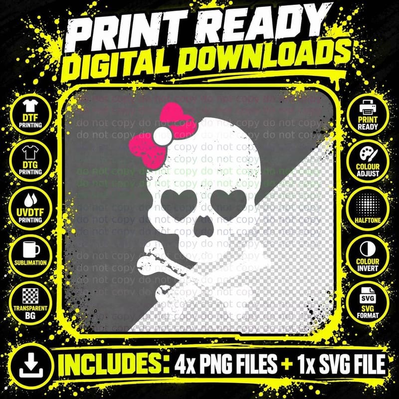 Cute Skull and Cross Bone Pink Bow Tie Women Girls Png SVG Digital Bundle