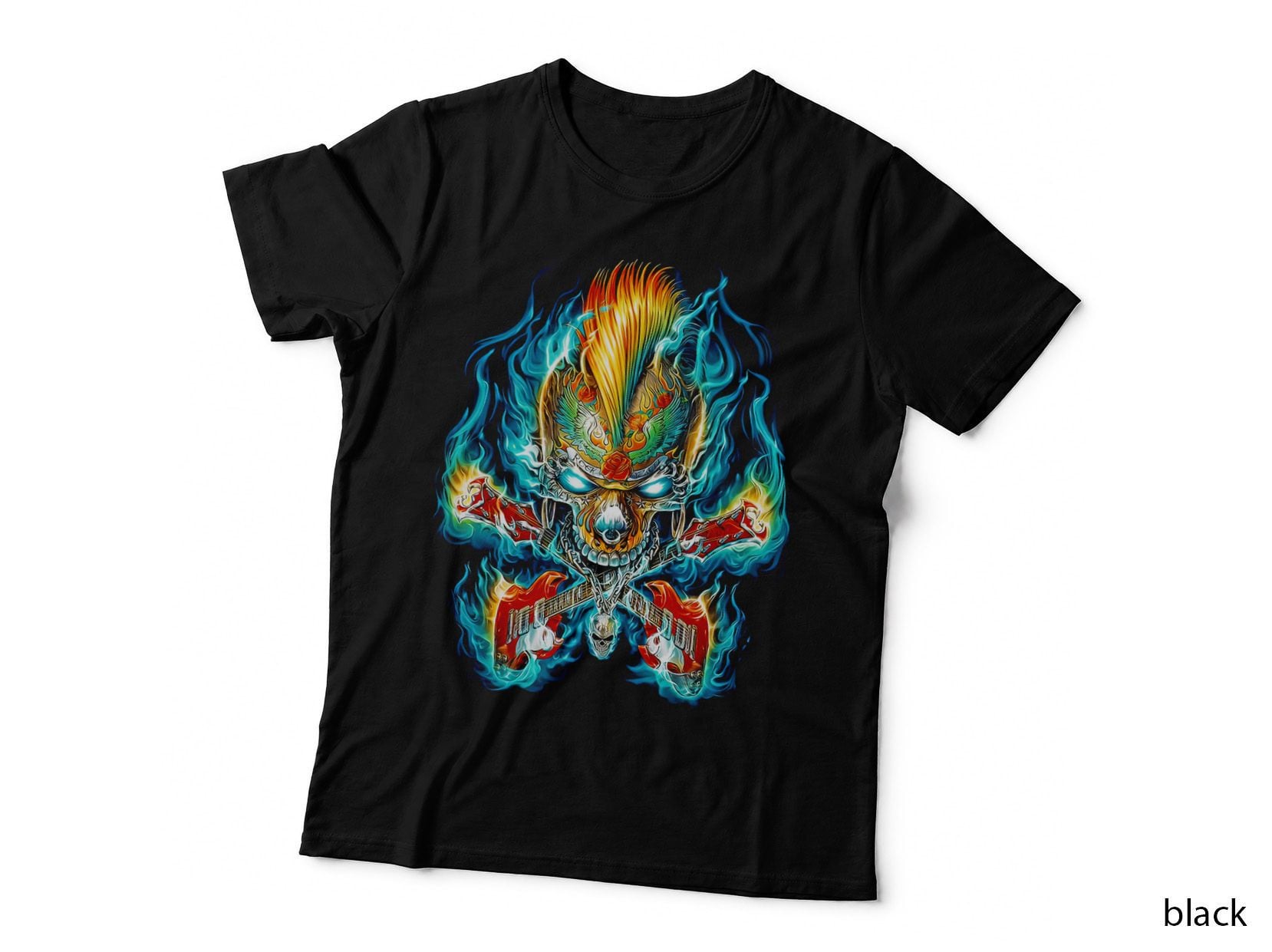 Cyan Blue Orange Fiery Skull Wings Guitars Phoenix T-Shirt