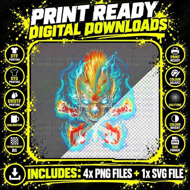 Cyan Blue Orange Fiery Skull Wings Guitars Phoenix Png SVG Digital Bundle
