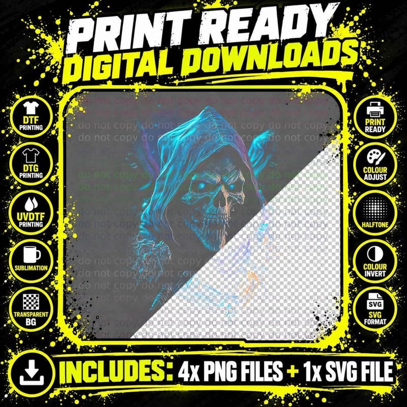 Cyan Purple Neon Skull Hooded Reaper Cyberpunk Digital Png SVG Digital Bundle