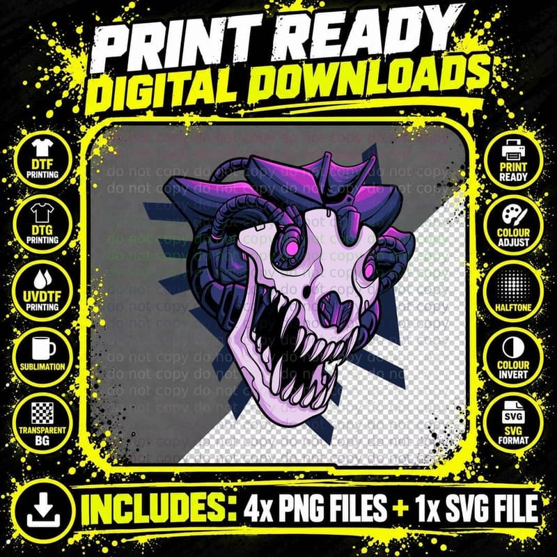Cyberpunk Skull Pale Purple Tech Machinery Spiky Dark Png SVG Digital Bundle