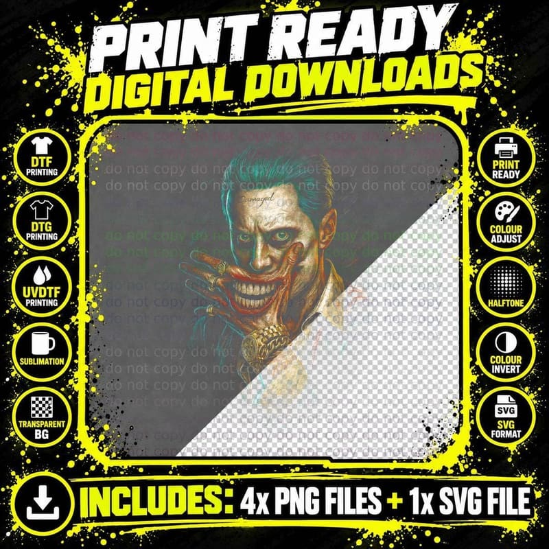 Damaged Joker T-Shirt, Halftone Comic Villain Graphic Png SVG Digital Bundle