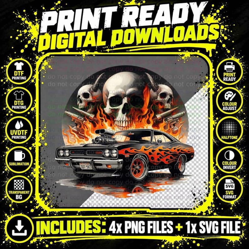 Dark Sports Car Skull Weapons Flaming Muscle T-Shirt Png SVG Digital Bundle