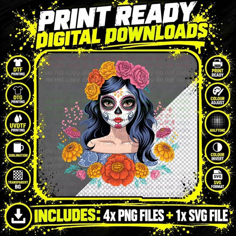 Day of the Dead La Catrina Sugar Skull Woman Dia De Los Png SVG Digital Bundle
