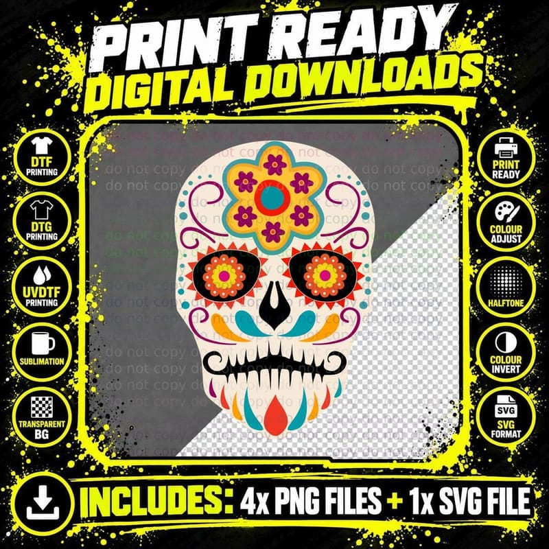Day of the Dead Sugar Skull Dia De Los Muertos Colorful Png SVG Digital Bundle