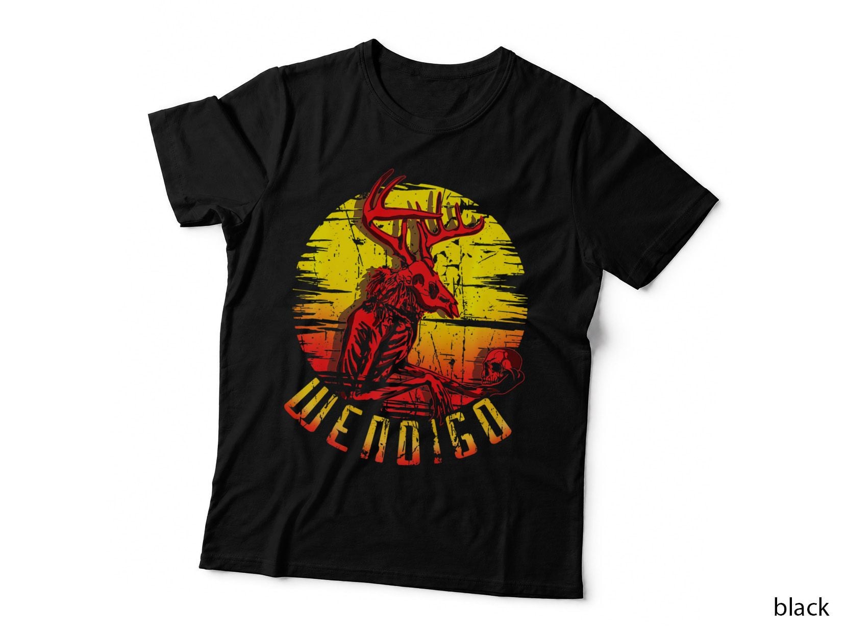 Deer Hunting Graphic T-Shirt, Untoil Tee, Red Stag Skull with Massive Antlers